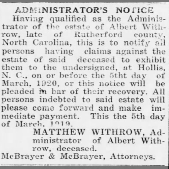 Administrator's Notice Albert Withrow Probate